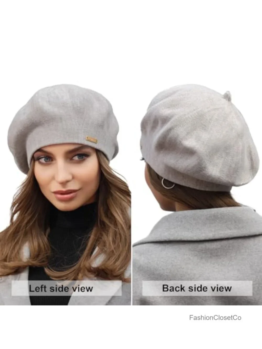 Wool Angora Knit Beret with Fleece Lining - Winter Hat